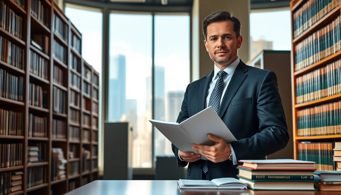 Focused environmental lawyer reviewing documents in an urban office setting, emphasizing professionalism.