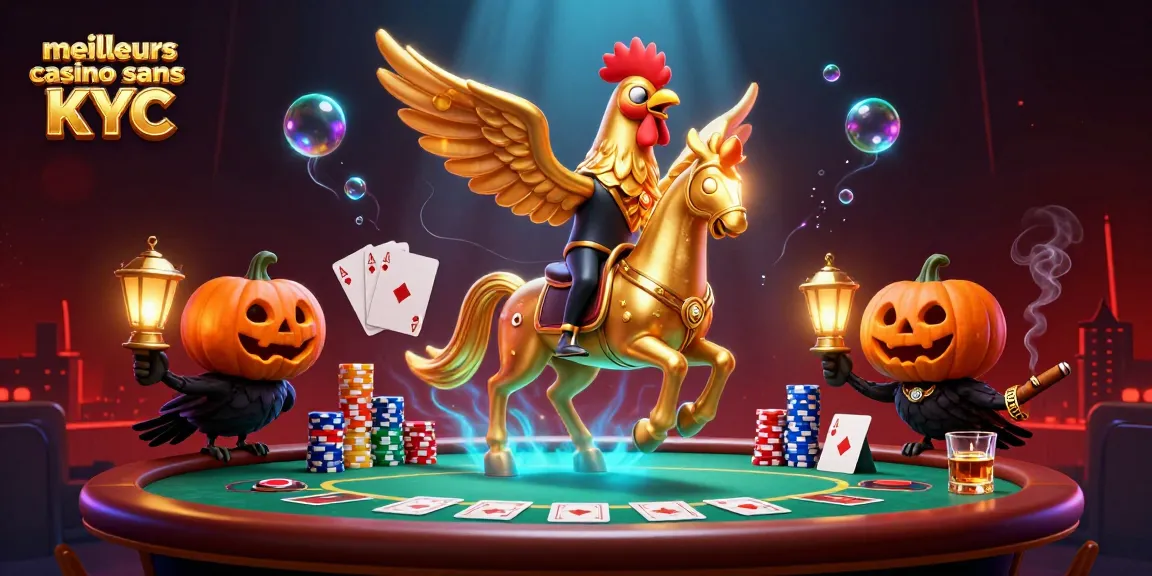 Admirez les meilleurs casino sans KYC avec un coq doré et des éléments de poker captivants.