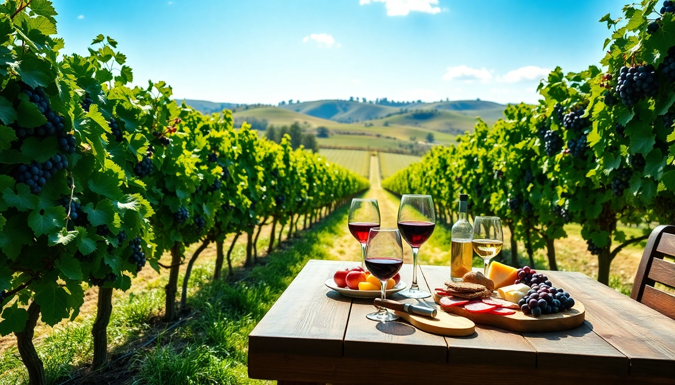 Enjoy wineries in Clarksburg with a scenic vineyard tasting experience, showcasing wine glasses and a charcuterie board.