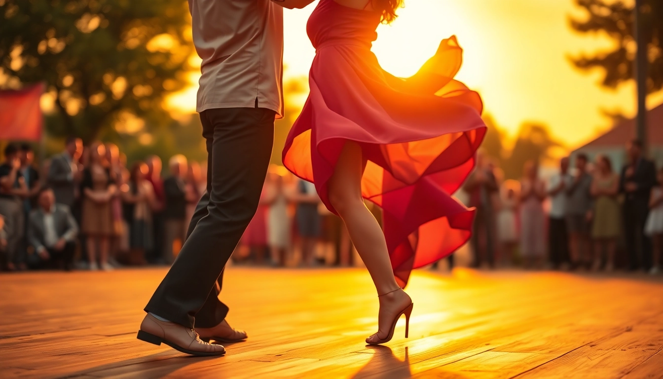Couple showcasing Carolina Dance moves on stage with energetic crowd in the background.