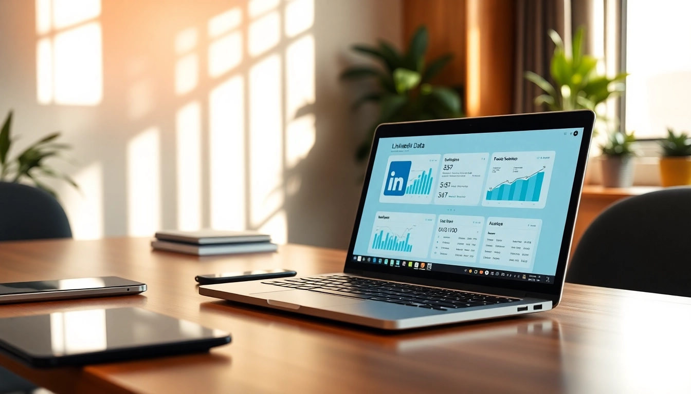 Utilize a linkedin scraping tool on a laptop in a bright office environment.