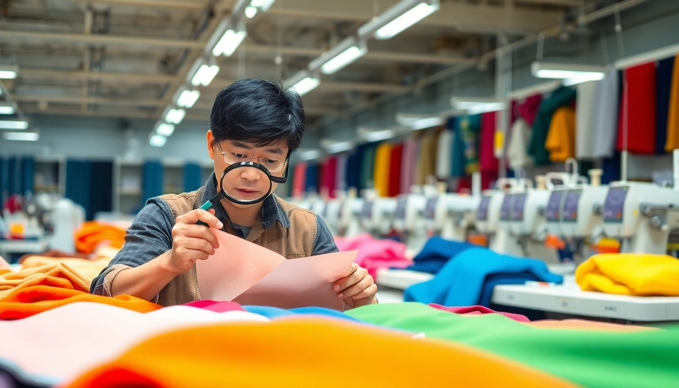 Focused inspection of fabric samples by garment suppliers in China showcasing industrial expertise.