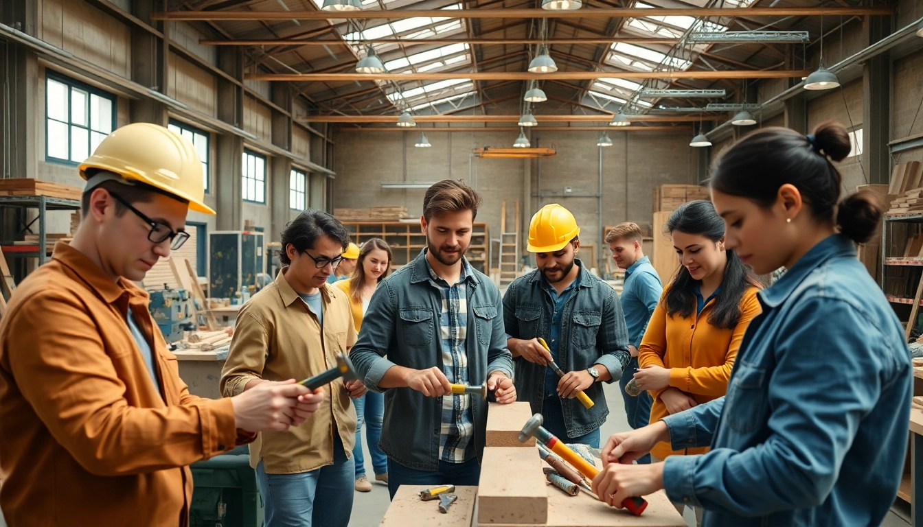Engaged individuals undergo construction craft training in a hands-on workshop setting.