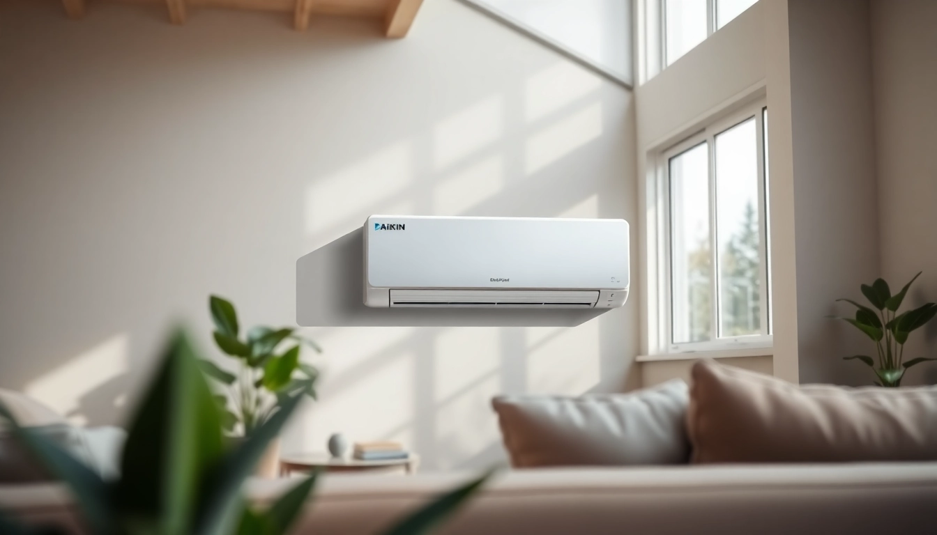 Install a Daikin mini split AC unit in a stylish living room to enhance comfort and decor.