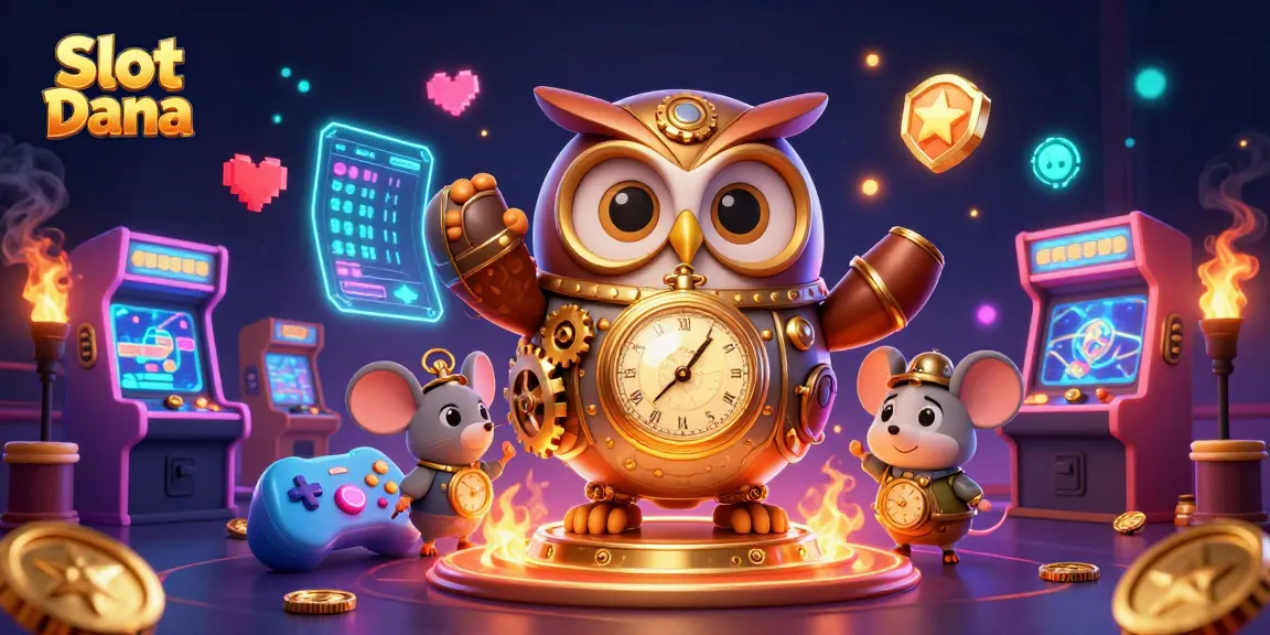 Permainan Slot Dana yang menarik dengan simbol slot yang menonjol dan elemen kasino futuristik.