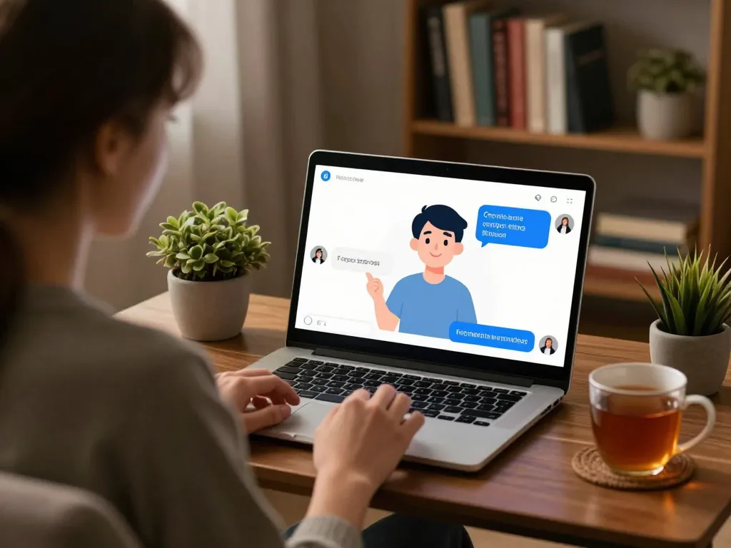 Interactive sex chat AI engagement scene with user and chatbot in casual, cozy setting.
