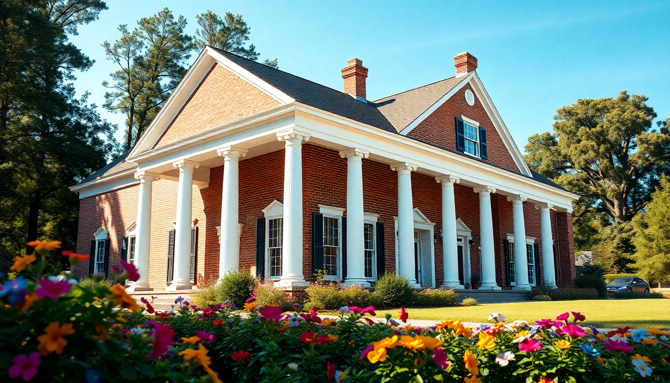 Showcasing a colonial home build with elegant columns and a vibrant garden.