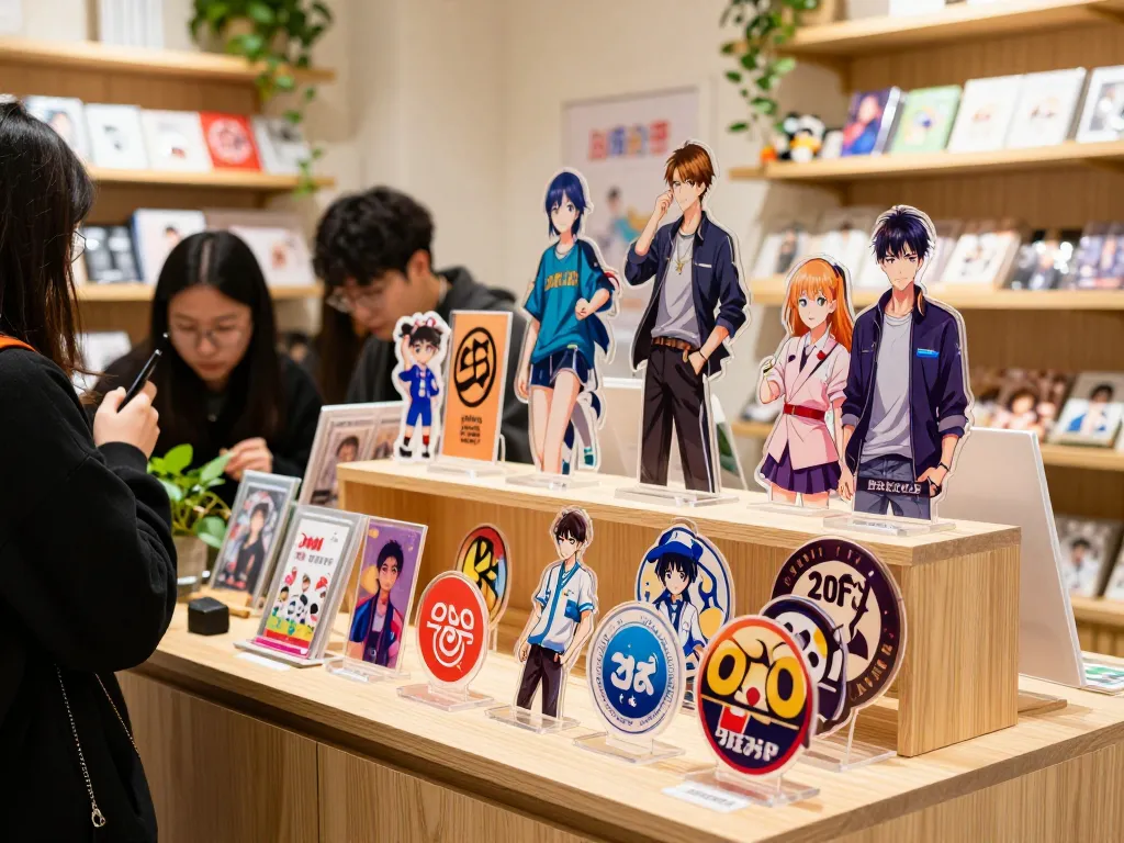 Custom acrylic standee display in a vibrant boutique highlighting colorful designs and anime characters.