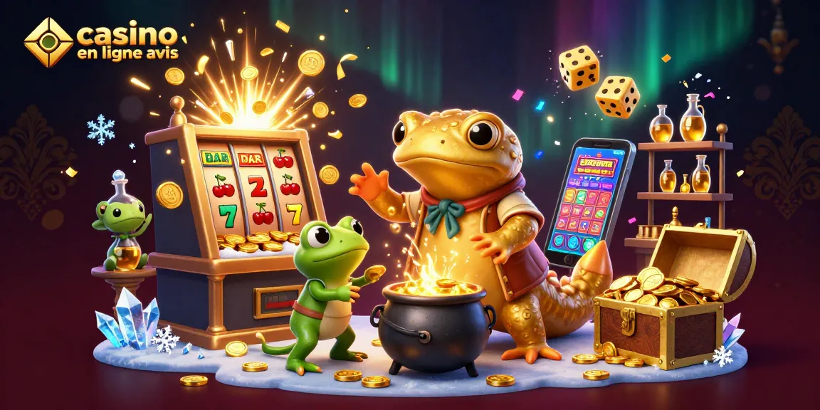 Célébrez les avis sur les casinos en ligne avec une illustration animée riche en couleurs et éléments de jeux.