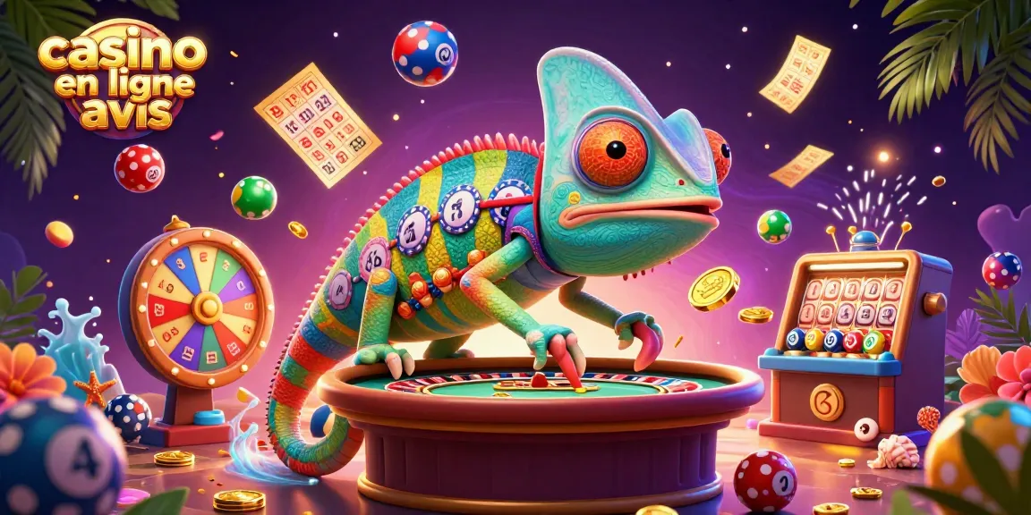 Illustration dynamique sur casino en ligne avis avec un caméléon propriétaire et éléments du jeu.