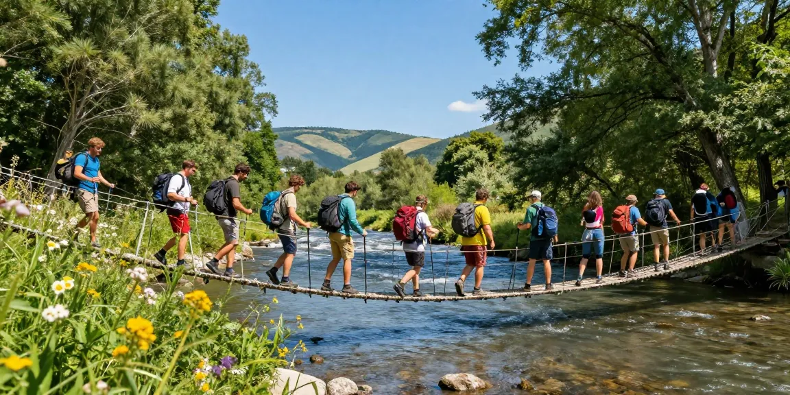 Hikers crossing a river rope bridge amidst vibrant nature during a sunny day.