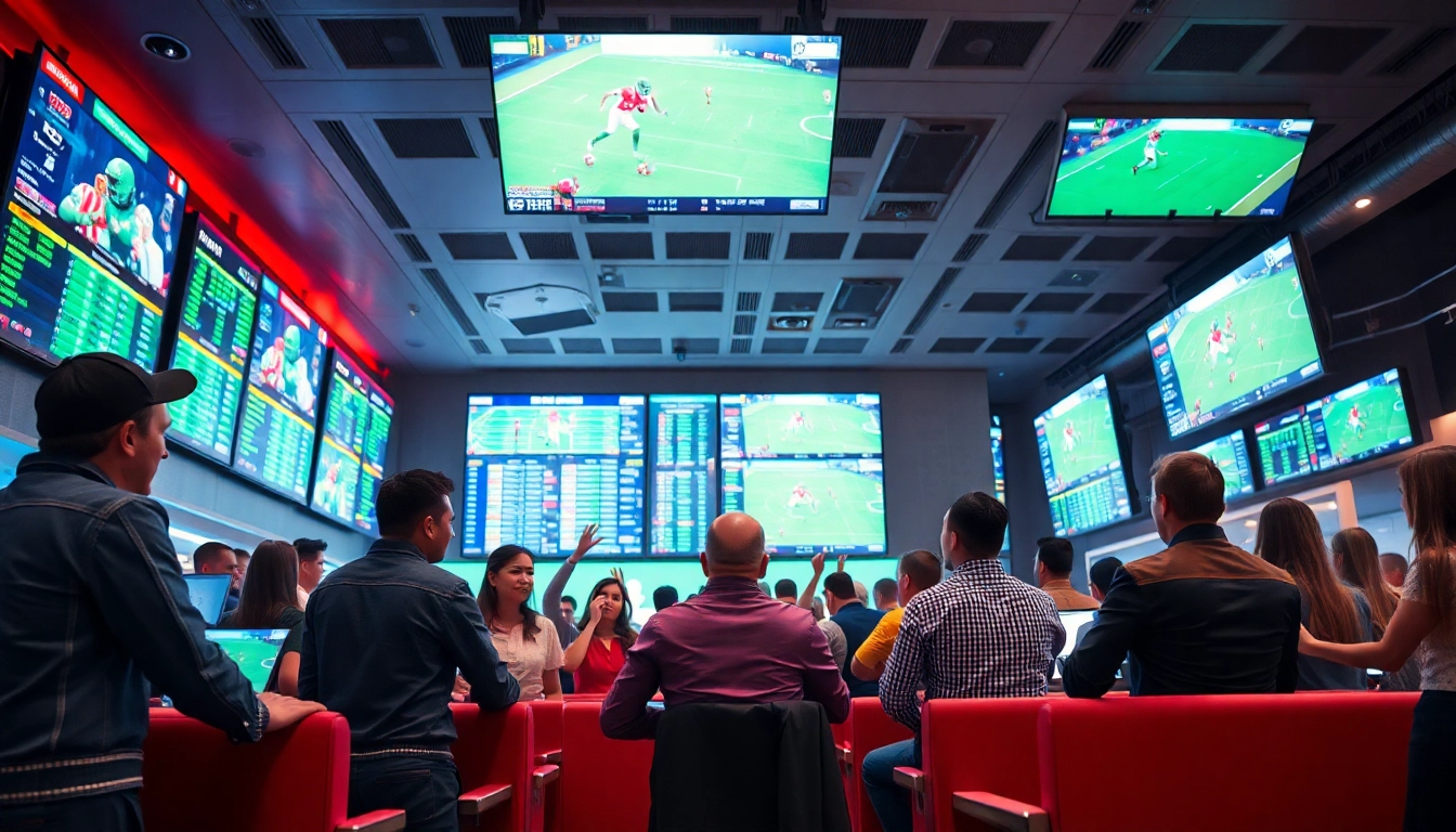 Engaged participants enjoying Canada sports betting in a vibrant sportsbook atmosphere.