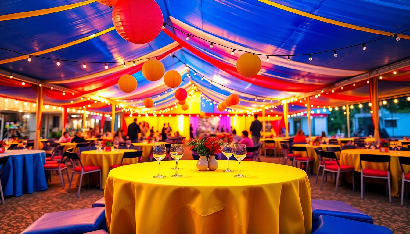 Explore vibrant party rentals near me featuring colorful tents and festive decorations.