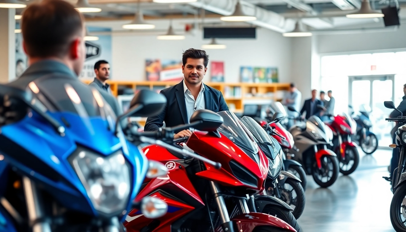 Motorradhändler berät Kunden in einem modernen Motorradshowroom mit glänzenden Motorrädern.