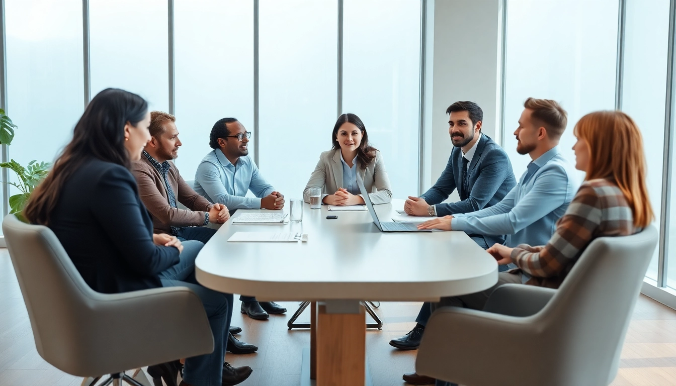 Mediation discussion among diverse participants in a professional office setup.