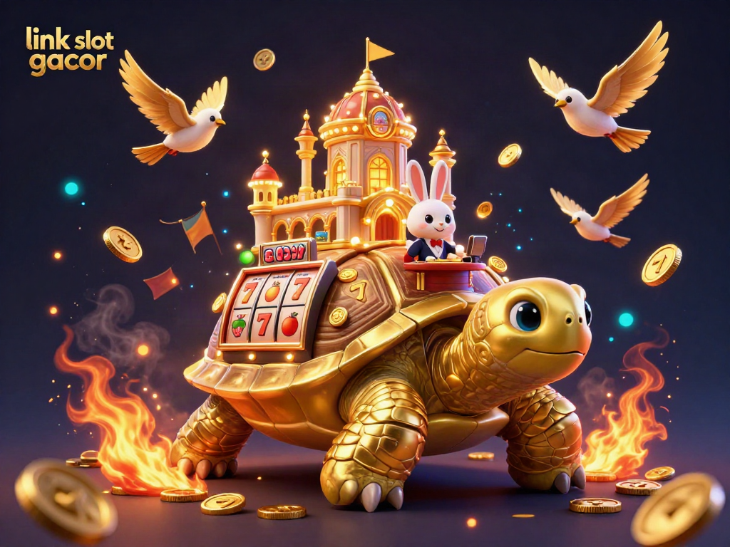 Experience the thrill of link slot gacor with a vivid scene featuring a golden tortoise casino and a rabbit dealer.