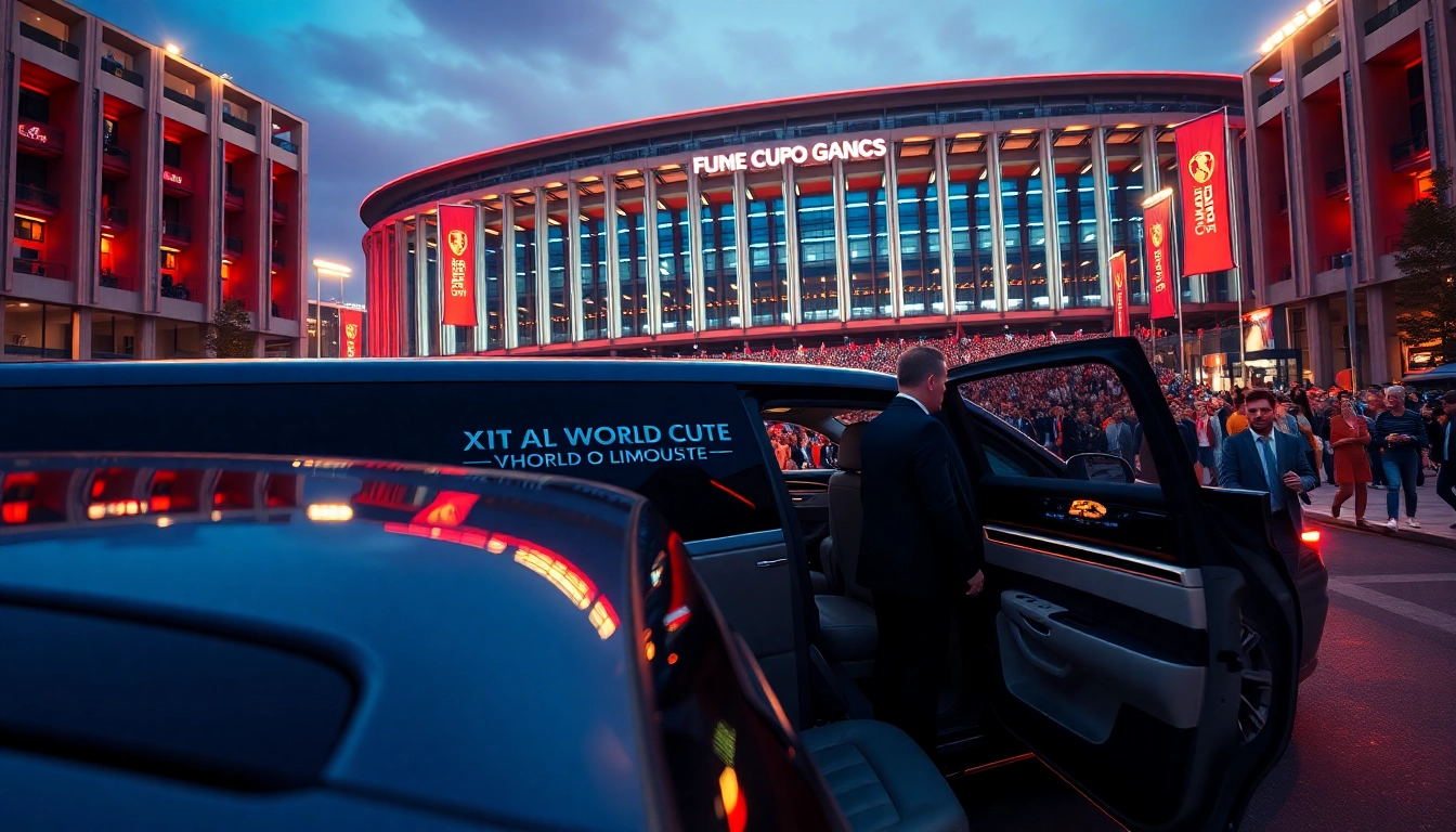 World Cup Group Transportation in a luxury limousine outside a stadium, capturing the excitement and elegance of the event.