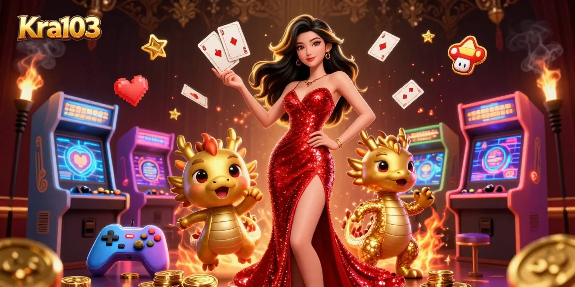 Kra103 showcasing a stunning Asian woman in red gown with casino elements, inviting players to enjoy gaming.