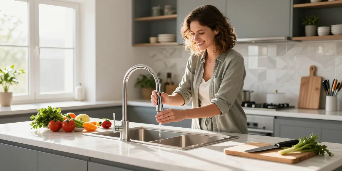 Homeowner installing pull-down kitchen faucet with fresh ingredients in modern kitchen.