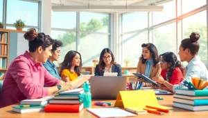Students engaged in collaborative learning activities in a vibrant Education-focused classroom.