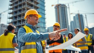 New York Construction Manager leading a diverse team on a high-rise project site.