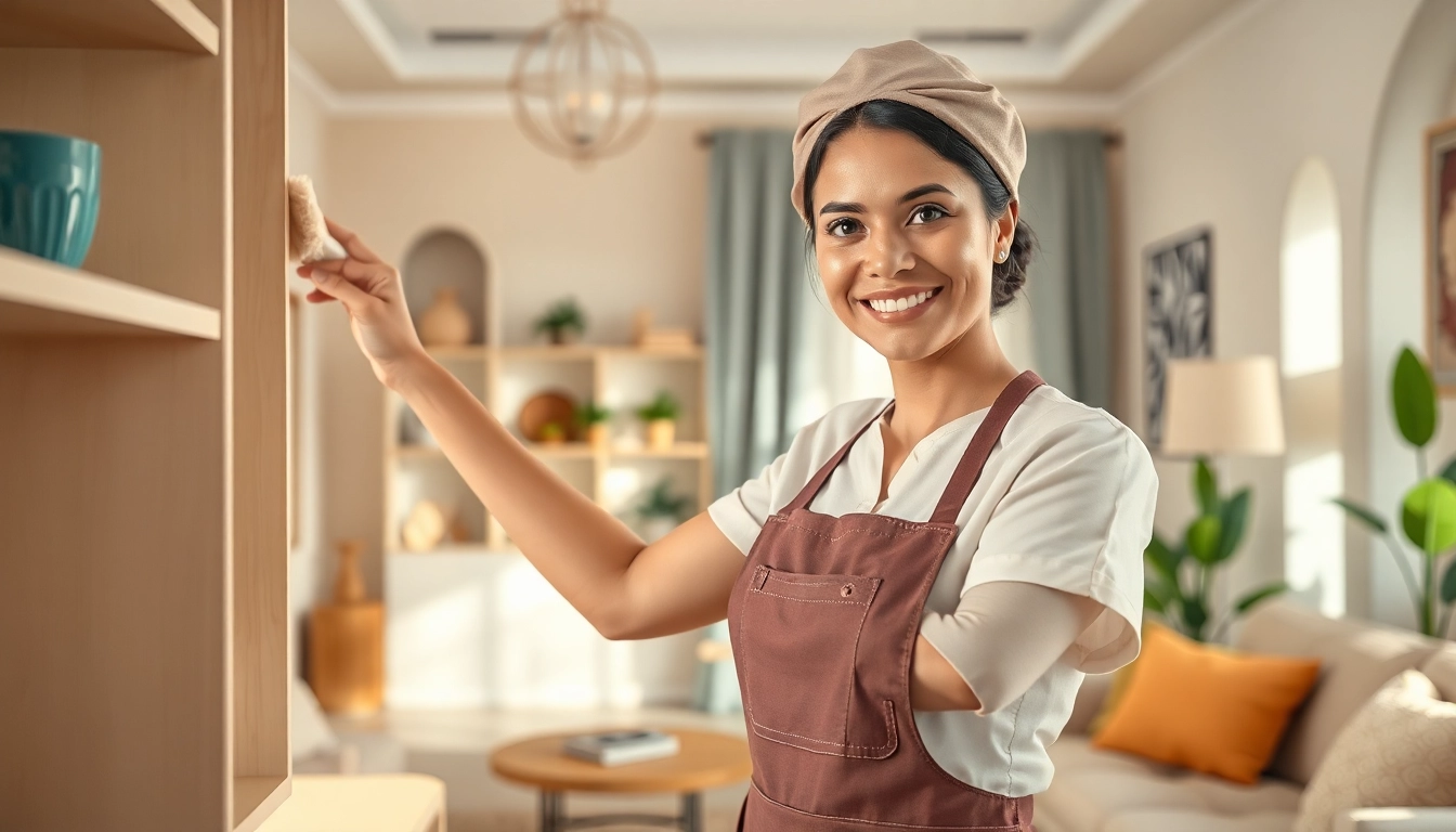 Find a maid in Abu Dhabi happily organizing a cozy home.