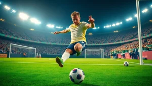 Koora player taking a dynamic shot in a vibrant stadium filled with cheering fans.