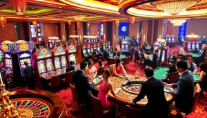 Casino gaming scene featuring KJC brand elements, showcasing vibrant tables and exciting players.