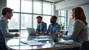 Engaged clients meeting with an independent wealth management firm San Antonio at a modern conference table.