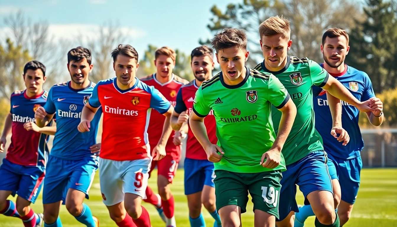 Showcasing team football kits in action during an energetic match, highlighting vibrant colors and dynamic players.