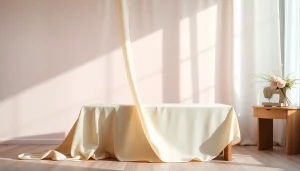 Mousseline stof soepel draperend op een elegante tafel met zachte pastelkleuren.