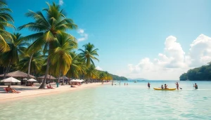 Onde fica Paripueira, revelando sua praia ensolarada com águas turquesas e palmeiras.