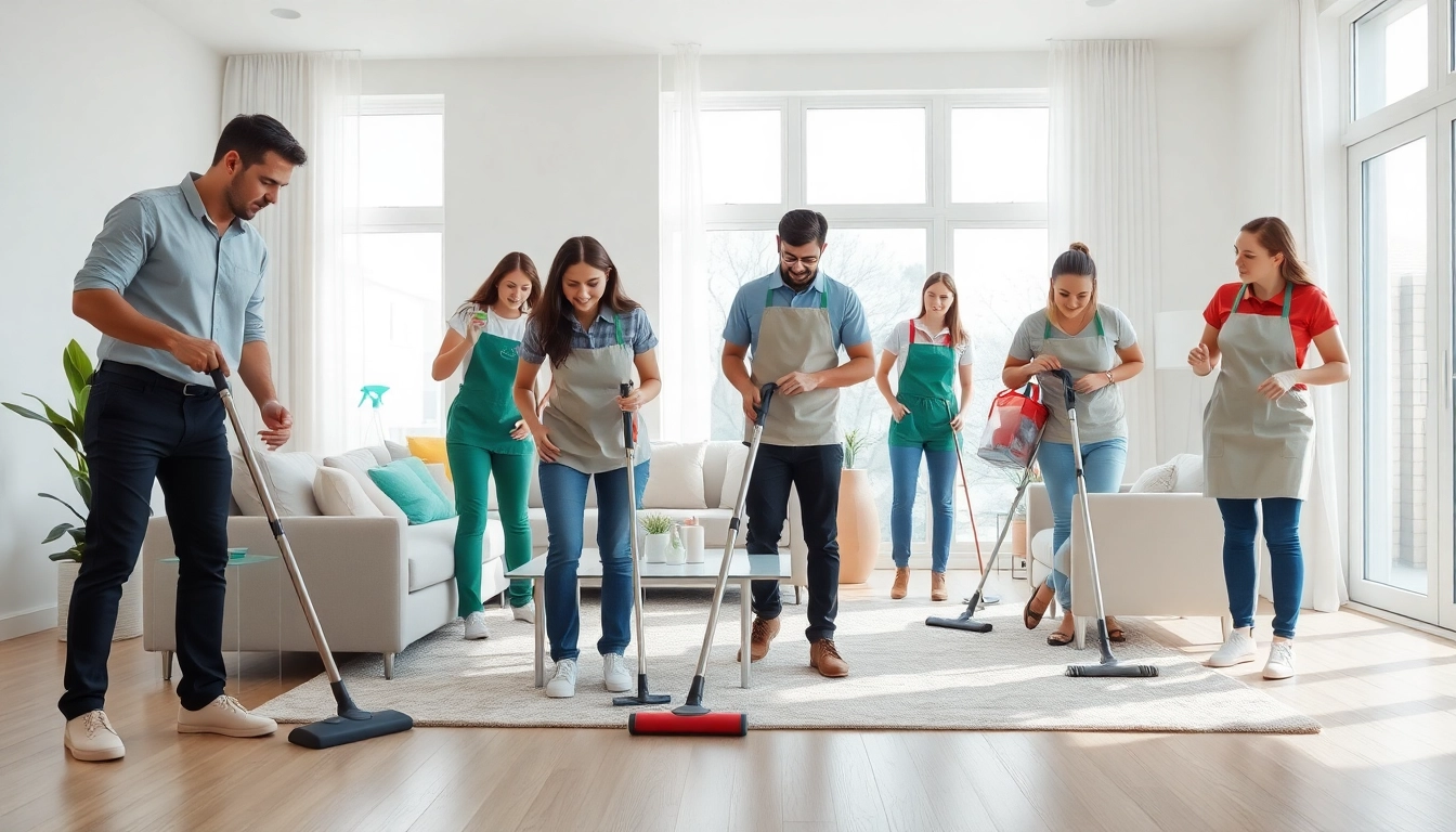 Efficient cleaning service team working in a bright modern living room, showcasing meticulous organization.