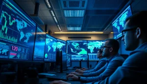 Cyber Threat Protection Tampa specialists monitoring advanced cybersecurity systems in a high-tech operations center.