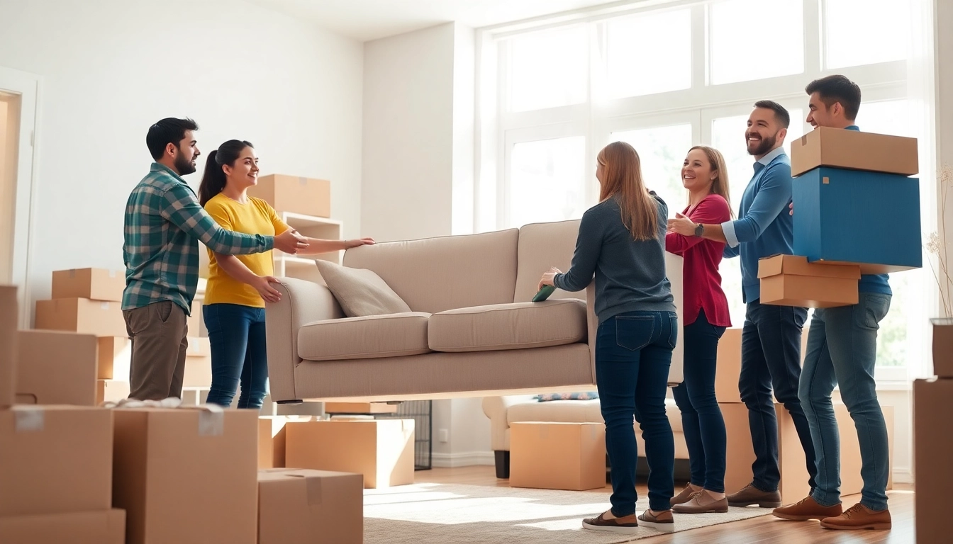 Toronto movers helping a family pack in a bright, cozy living room.