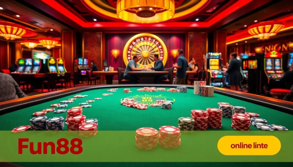 Experience thrilling poker action at Fun88 link, featuring vibrant tables, colorful chips, and exciting gameplay.
