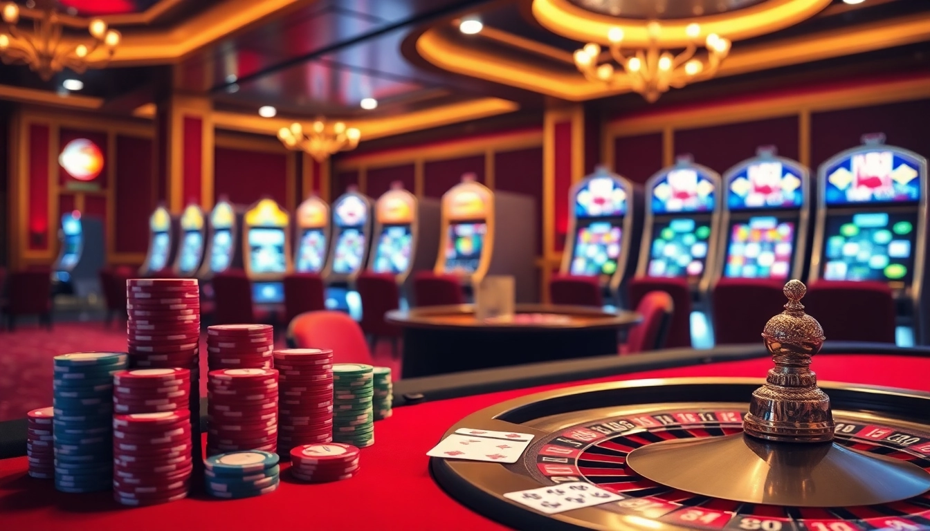 Bets placed at Babu88.global with vibrant poker chips and a roulette wheel in a luxury casino setting.
