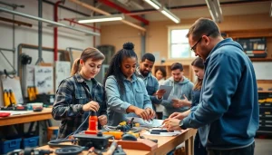 Students actively working on projects at an abc trade school, featuring hands-on training equipment.