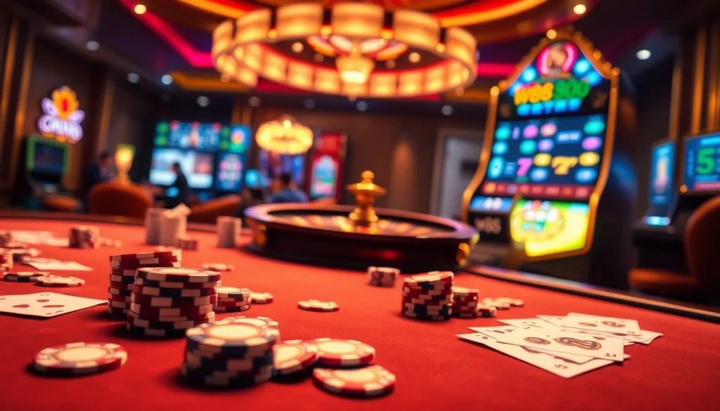 Trải nghiệm cảm giác phấn khích tại casino w88 với những đồng chip poker rực rỡ và máy đánh bạc trong một không gian sang trọng.