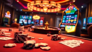 Trải nghiệm cảm giác phấn khích tại casino w88 với những đồng chip poker rực rỡ và máy đánh bạc trong một không gian sang trọng.