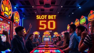 Menampilkan permainan slot dengan slot bet 50 perak yang menarik dan pemain merayakan kemenangan.