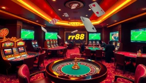 Players enjoy a thrilling gaming experience at the rr88 link casino with vibrant tables and slot machines.