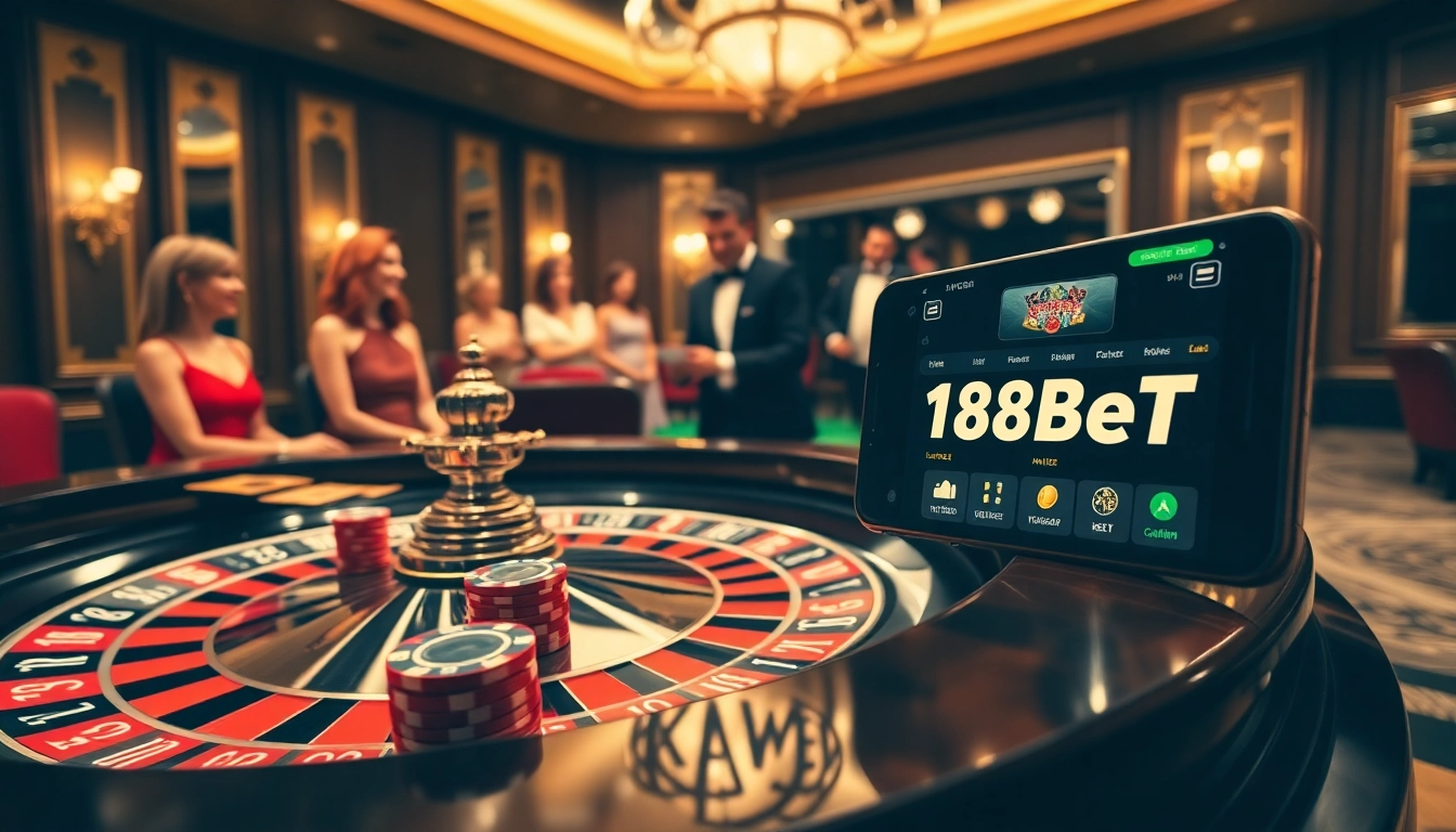 A stunning casino experience with link 188bet highlighted amidst luxurious roulette tables and vibrant betting chips.