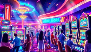 Engaging casino scene with vibrant slot hoki machines and lively patrons.