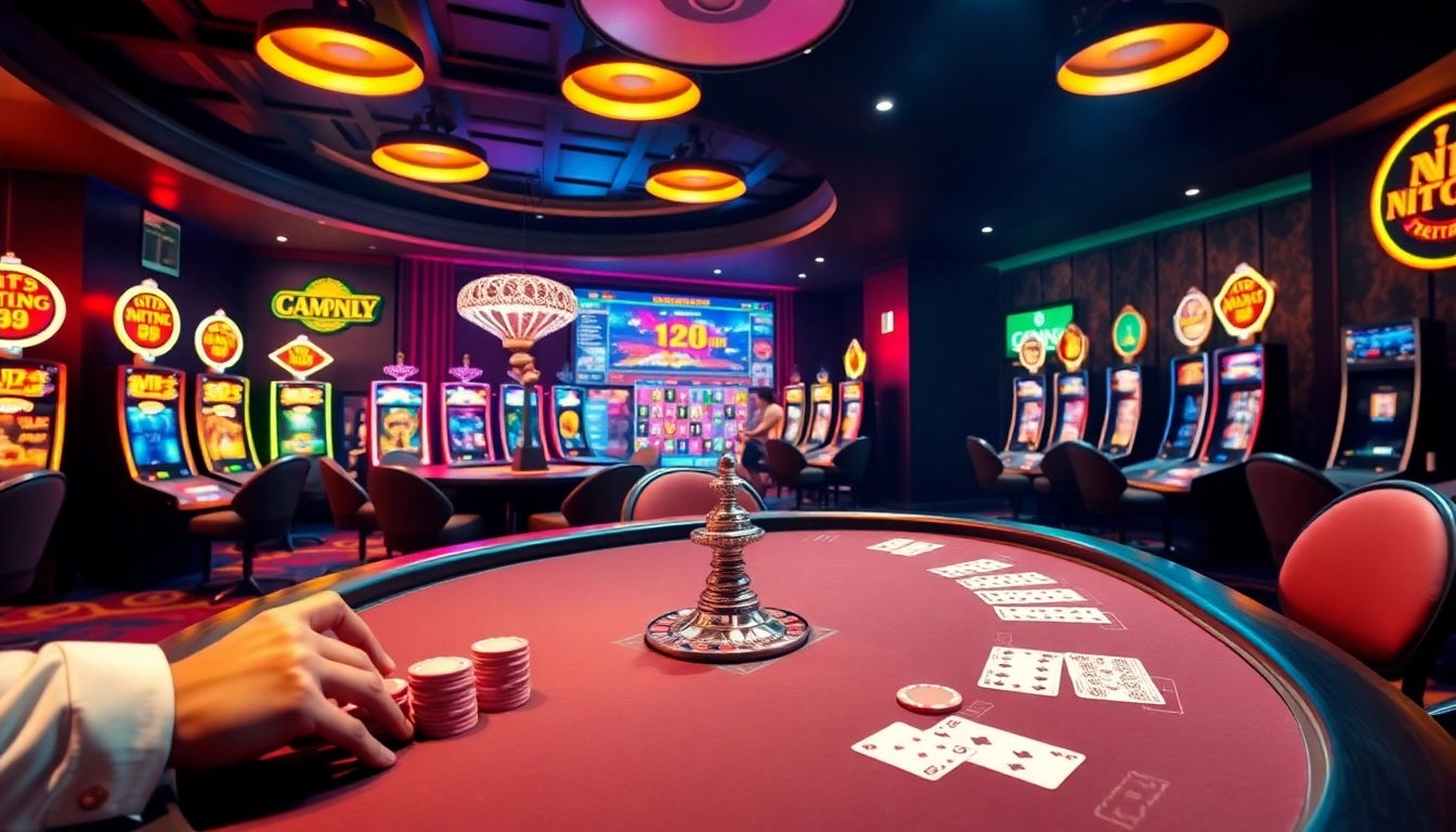 Exciting gambling scene at nhà cái nh88 with poker table, chips, and colorful slot machines.
