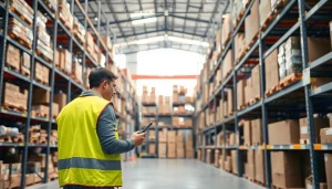 Warehouse showcasing organized goods and an employee inspecting inventory.