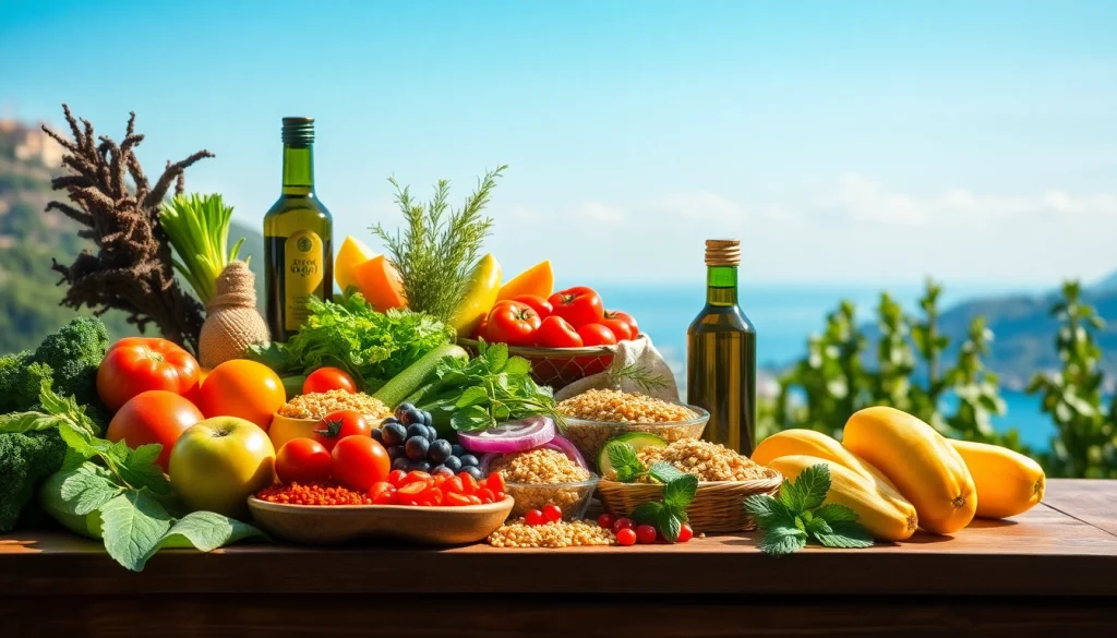 Delicious spread showcasing mediterranean diet foods like vegetables, grains, and olive oil on a rustic table.
