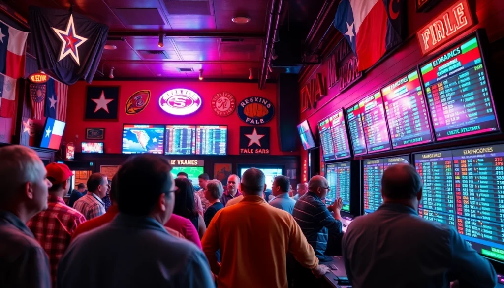 Dynamic scene of Texas sports betting in an engaging sports bar with enthusiastic patrons.