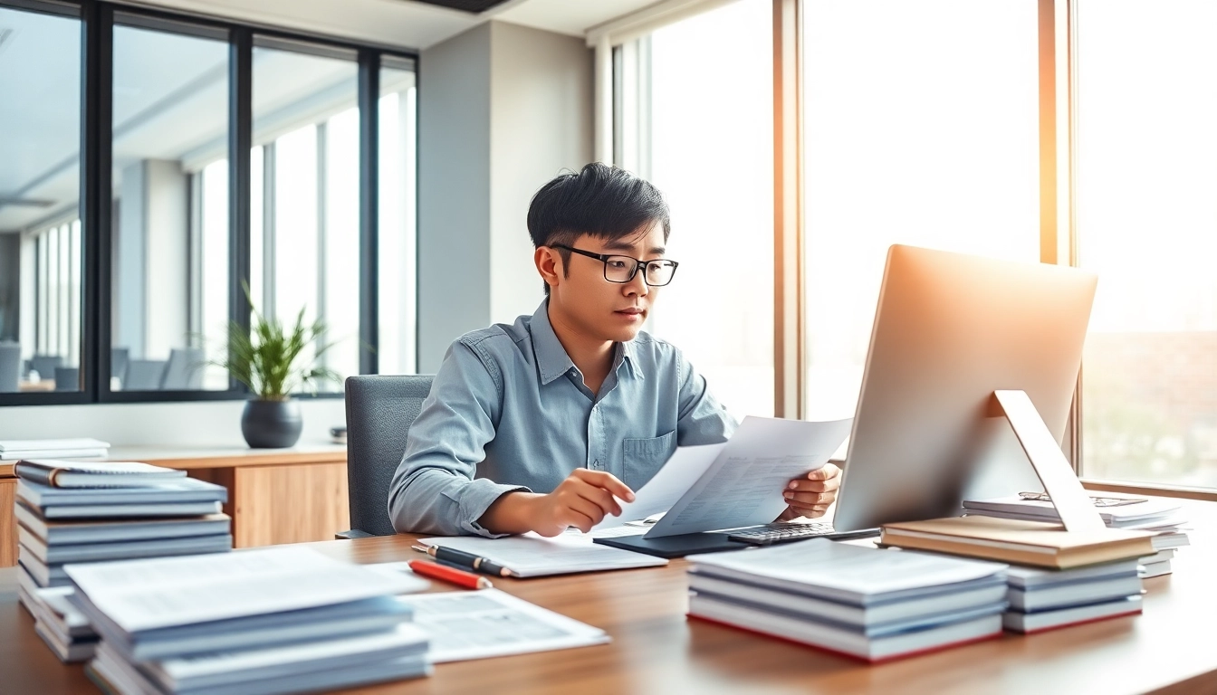Traducteur assermenté chinois professionnel travaillant assidûment dans un bureau moderne.