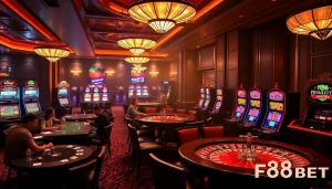 High-stakes poker action at F88BET, showcasing luxury casino elements and vibrant gaming atmosphere.